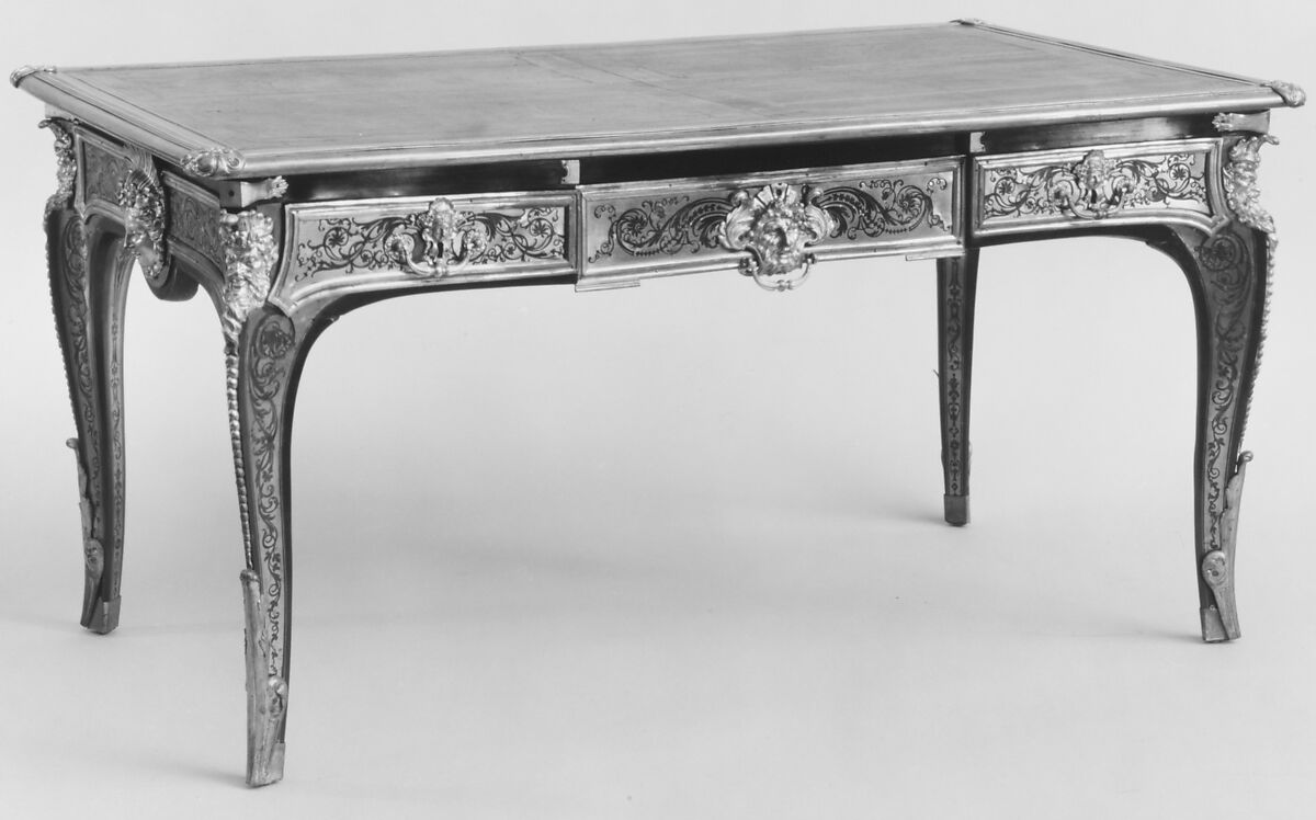 Desk, Oak, ebony veneer, tortoiseshell, brass, gilt bronze, tooled reddish-brown leather top, French 