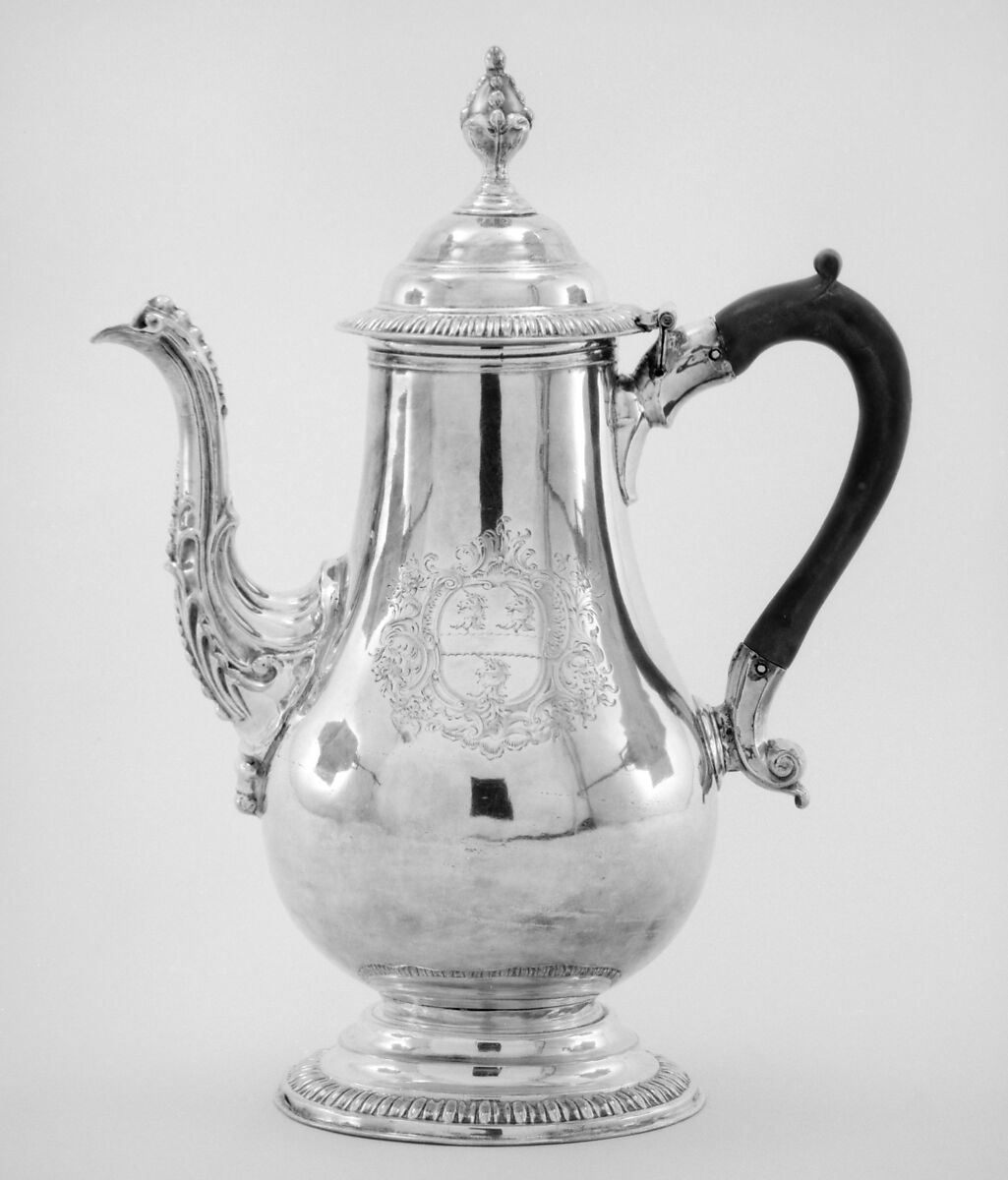 Coffeepot, Probably Tudor and Leader, Sheffield plate, wood, British, Sheffield 