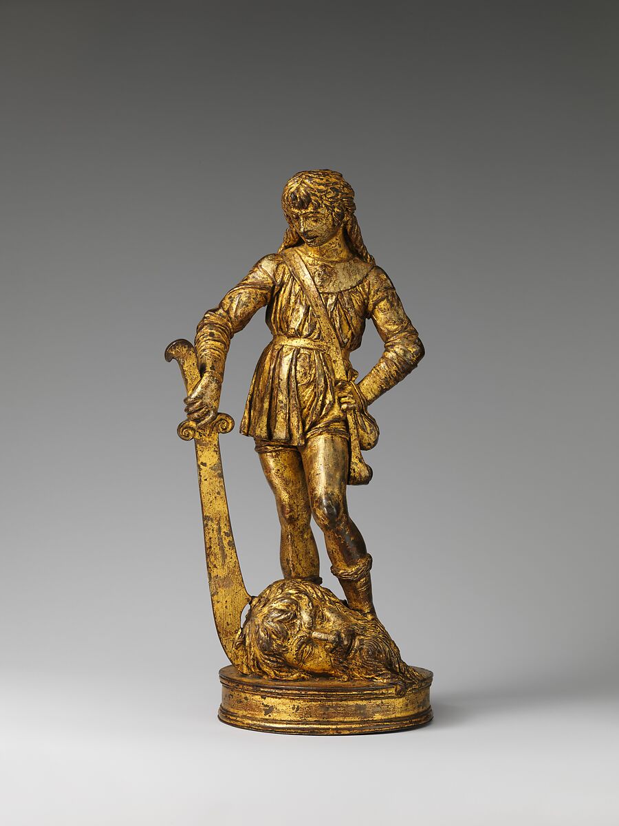 David with the head of Goliath, Bartolomeo Bellano (Italian, Padua 1437/38–1496/97 Padua), Bronze, later oil gilding, Italian, Padua 
