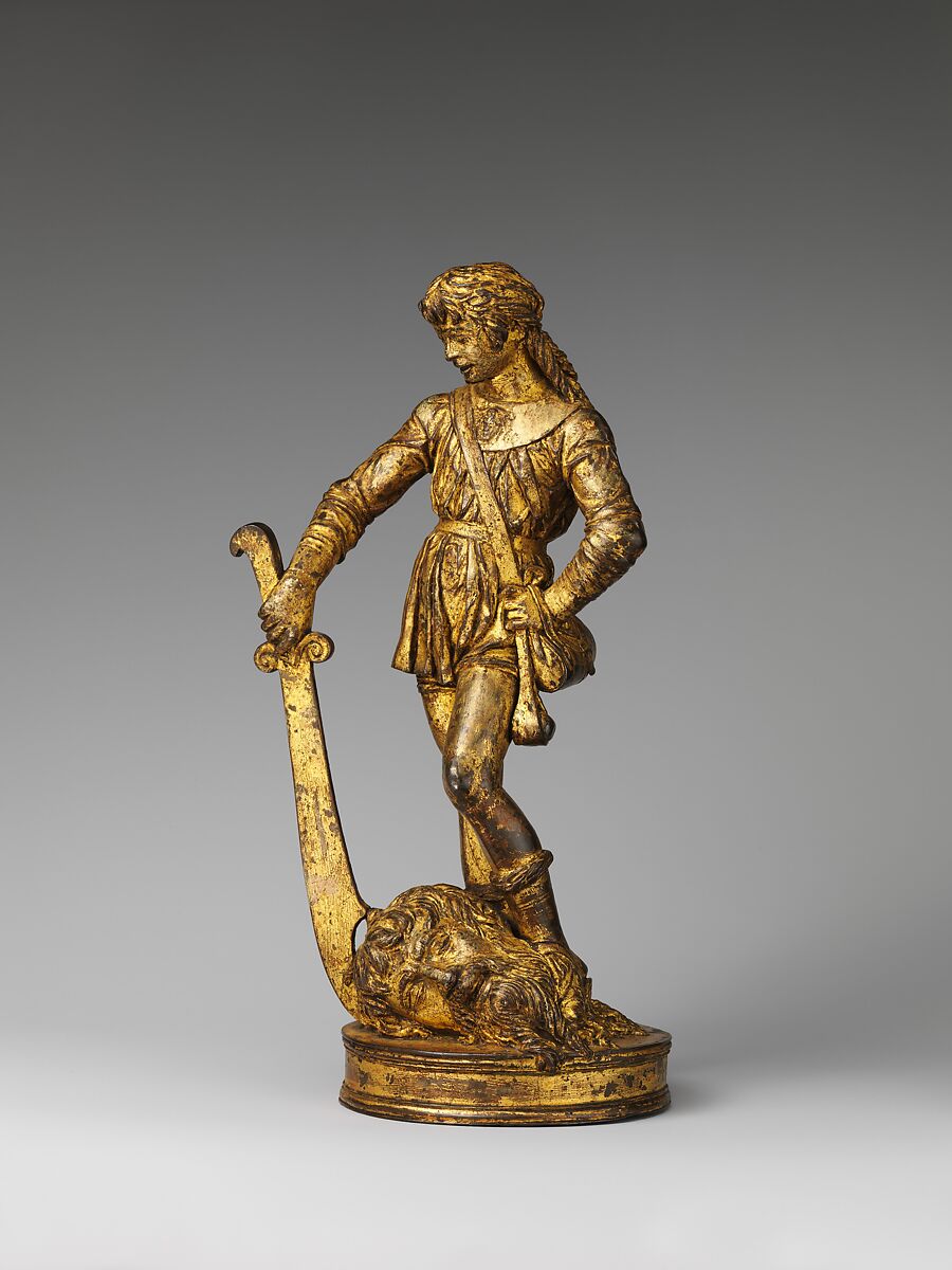 David with the head of Goliath, Bartolomeo Bellano (Italian, Padua 1437/38–1496/97 Padua), Bronze, later oil gilding, Italian, Padua