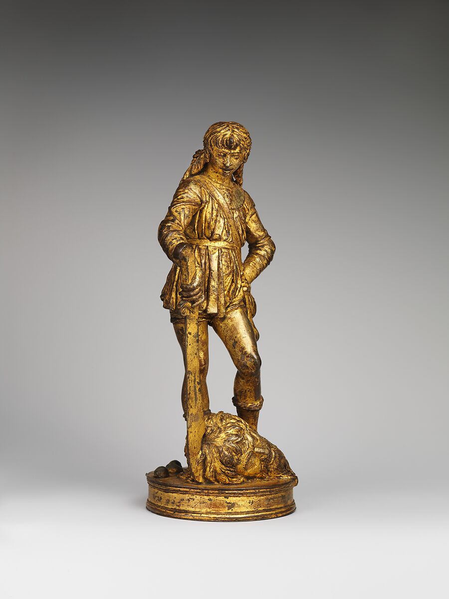 David with the head of Goliath, Bartolomeo Bellano (Italian, Padua 1437/38–1496/97 Padua), Bronze, later oil gilding, Italian, Padua