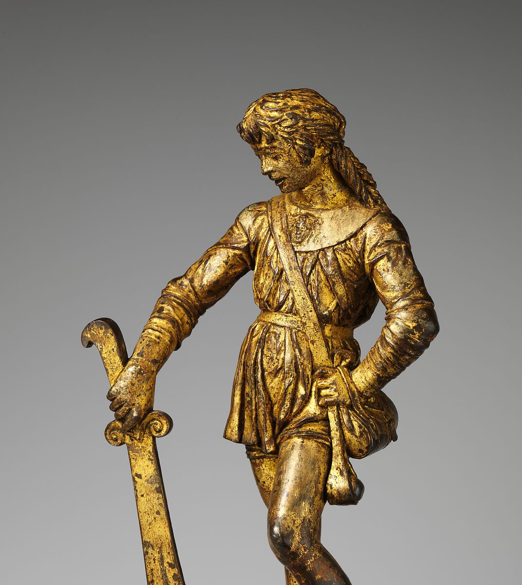 David with the head of Goliath, Bartolomeo Bellano (Italian, Padua 1437/38–1496/97 Padua), Bronze, later oil gilding, Italian, Padua