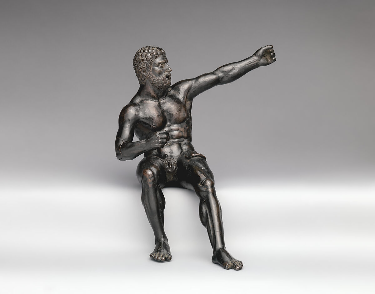 Seated Hercules in the act of shooting at the stymphalian birds, Vittore Gambello (Italian, Venice, 1455/60–1537), Bronze, Italian, Venice 