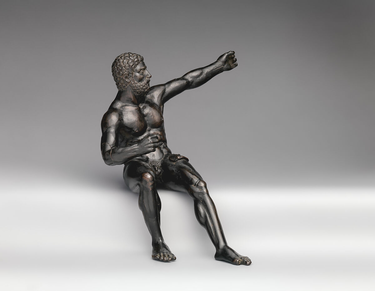 Seated Hercules in the act of shooting at the stymphalian birds, Vittore Gambello (Italian, Venice 1455/60–1537), Bronze, Italian, Venice