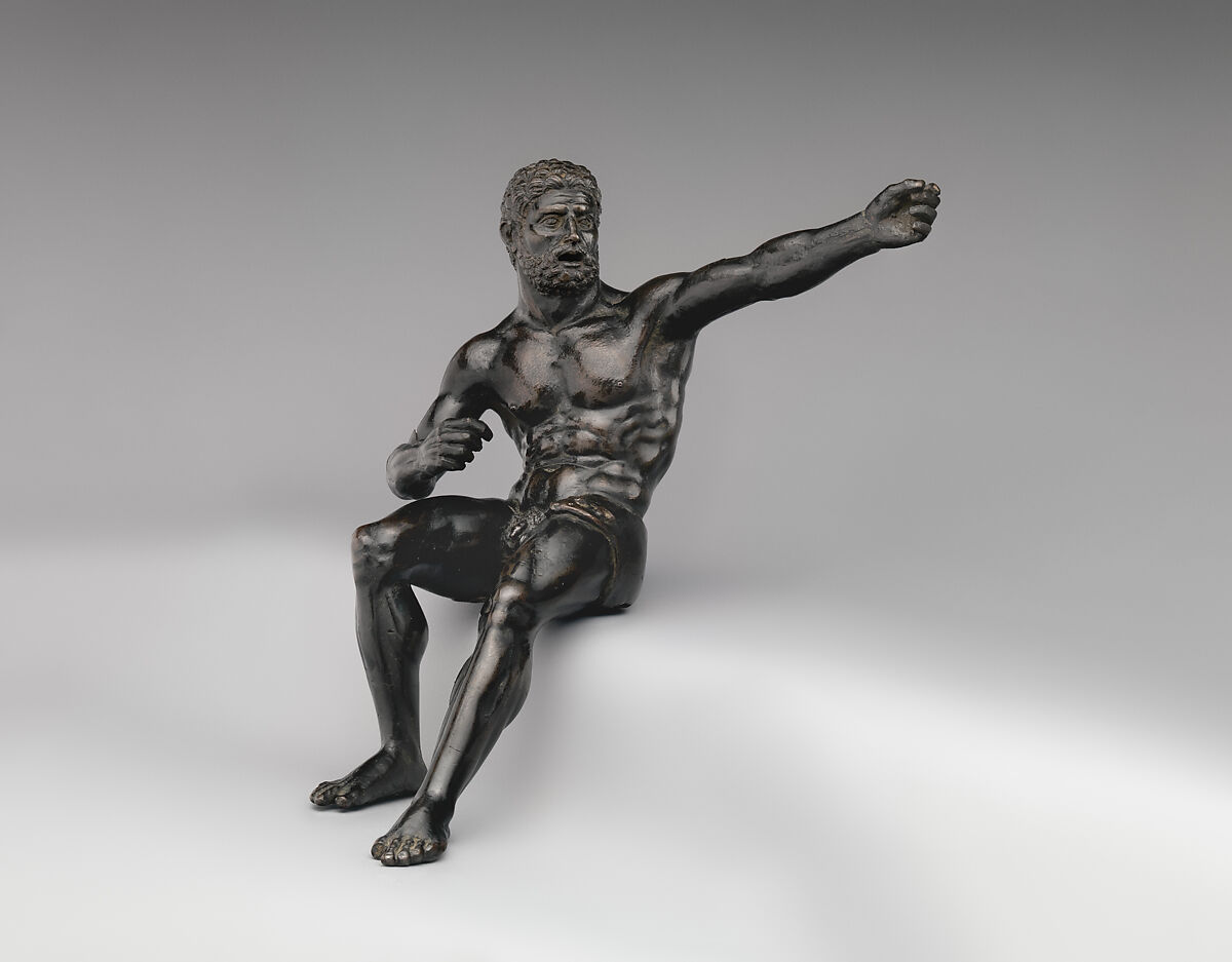 Seated Hercules in the act of shooting at the stymphalian birds, Vittore Gambello (Italian, Venice 1455/60–1537), Bronze, Italian, Venice