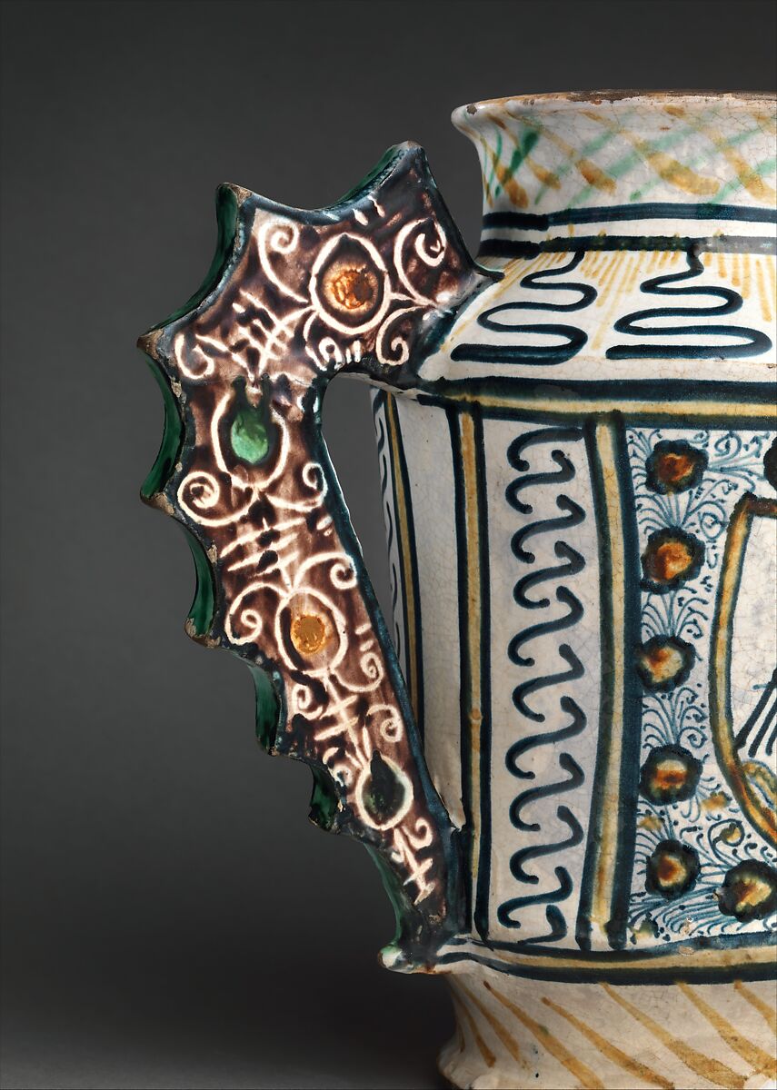 Two-handled storage jug (albarello) with crowned eagles, Maiolica (tin-glazed earthenware), Italian, Deruta