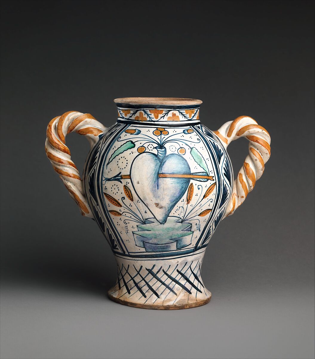 Vase with love motifs, Maiolica (tin-glazed earthenware), Italian, Deruta
