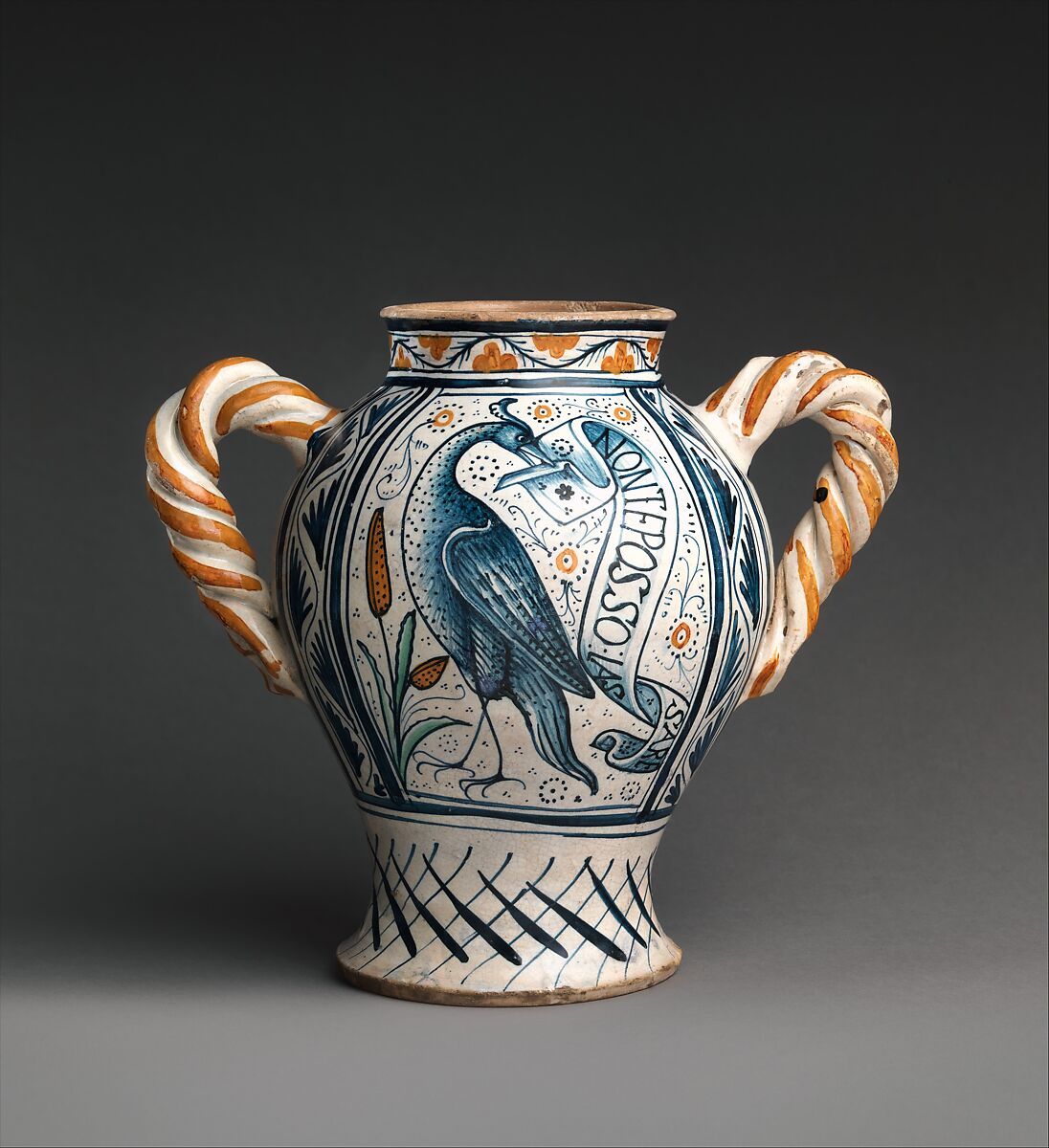 Vase with love motifs, Maiolica (tin-glazed earthenware), Italian, Deruta 