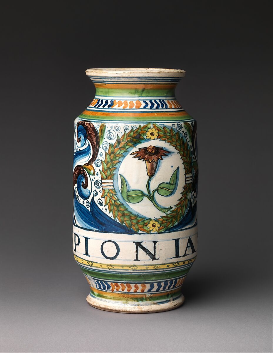 Pharmacy jar (albarello), Maiolica (tin-glazed earthenware), Italian, Montelupo 