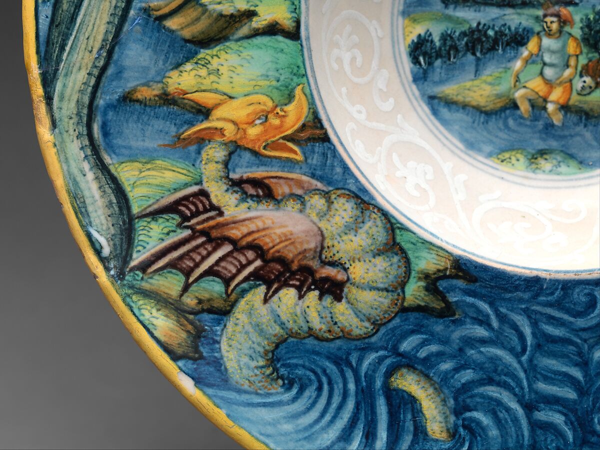 Wide-rimmed bowl with Perseus and Andromeda, Probably "In Castel Durante" Painter (Italian, active Castel Durante, first half of 16th century), Maiolica (tin-glazed earthenware), Italian, Urbino or Castel Durante
