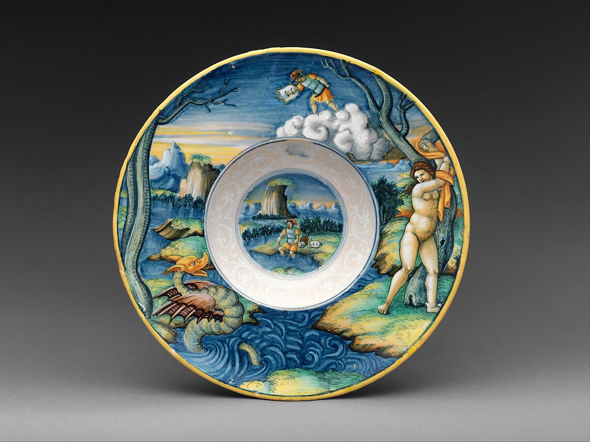Wide-rimmed bowl with Perseus and Andromeda, Probably "In Castel Durante" Painter (Italian, active Castel Durante, first half of 16th century), Maiolica (tin-glazed earthenware), Italian, Urbino or Castel Durante 
