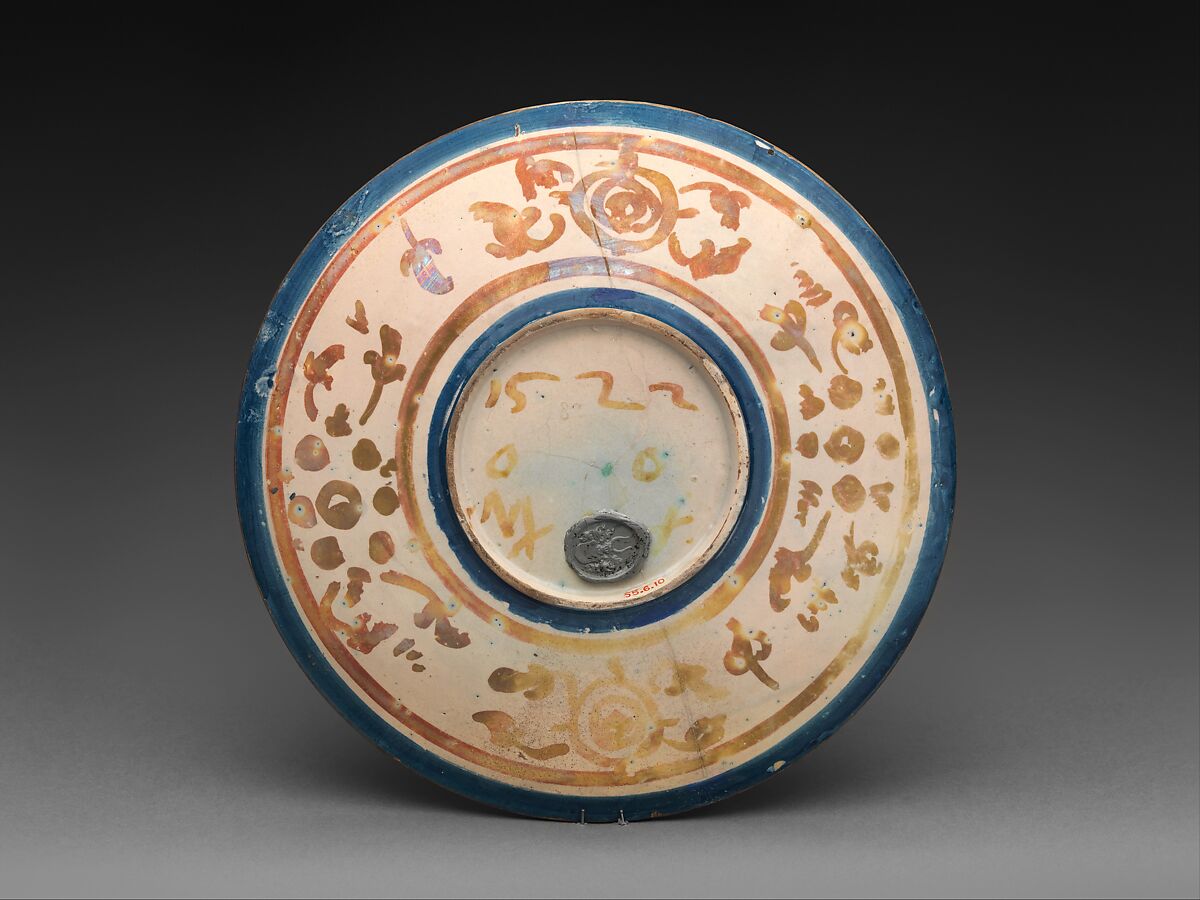 Plate with The Lover Tormented, Probably workshop of Maestro Giorgio Andreoli (Italian (Gubbio), active first half of 16th century), Maiolica (tin-glazed earthenware), lustered, Italian, Gubbio