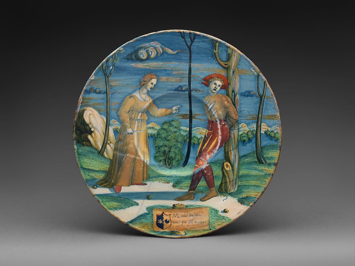 Plate with The Lover Tormented, Probably workshop of Maestro Giorgio Andreoli (Italian (Gubbio), active first half of 16th century), Maiolica (tin-glazed earthenware), lustered, Italian, Gubbio 