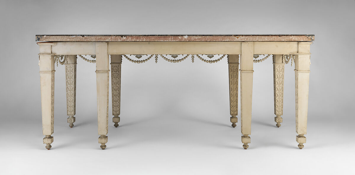 Console table from Croome Court, Worcestershire, Robert Adam (British, Kirkcaldy, Scotland 1728–1792 London), Carved and painted pine with newly carved swags; marble sheets veneered on a limestone core, British