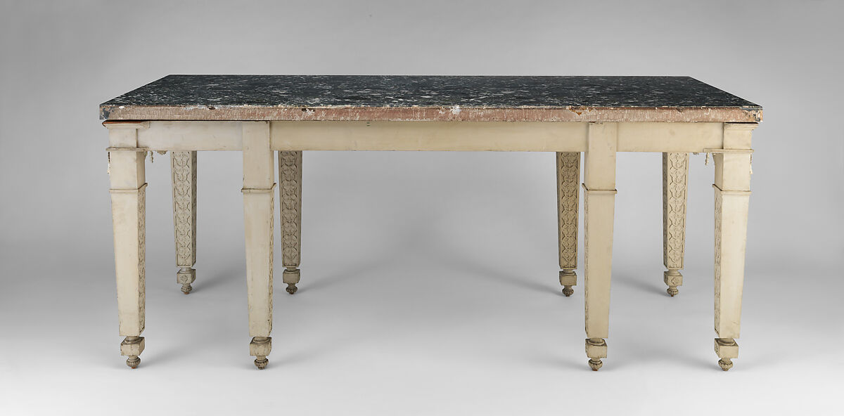 Console table from Croome Court, Worcestershire, Robert Adam (British, Kirkcaldy, Scotland 1728–1792 London), Carved and painted pine with newly carved swags; marble sheets veneered on a limestone core, British