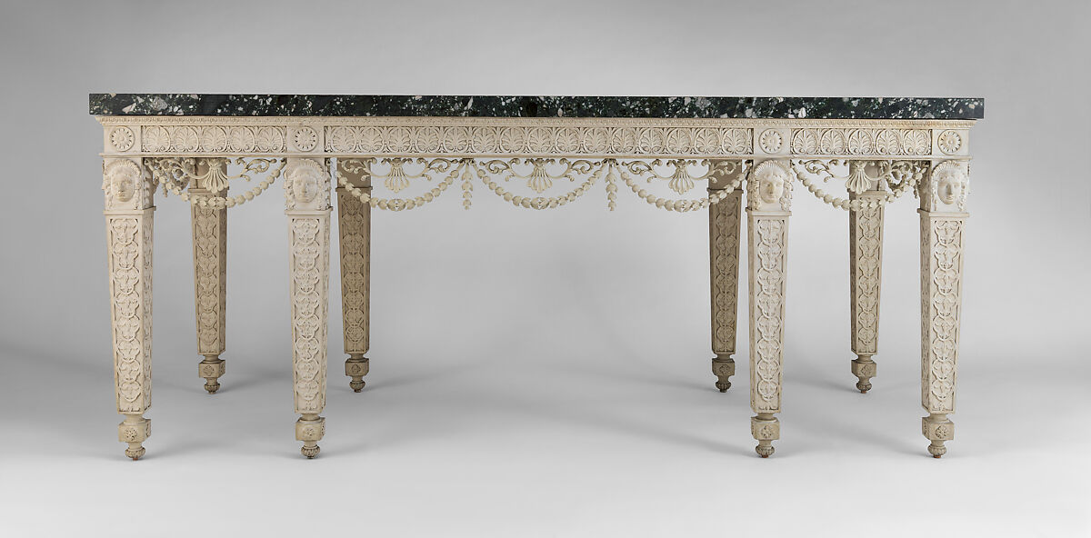 Console table from Croome Court, Worcestershire, Robert Adam (British, Kirkcaldy, Scotland 1728–1792 London), Carved and painted pine with newly carved swags; marble sheets veneered on a limestone core, British