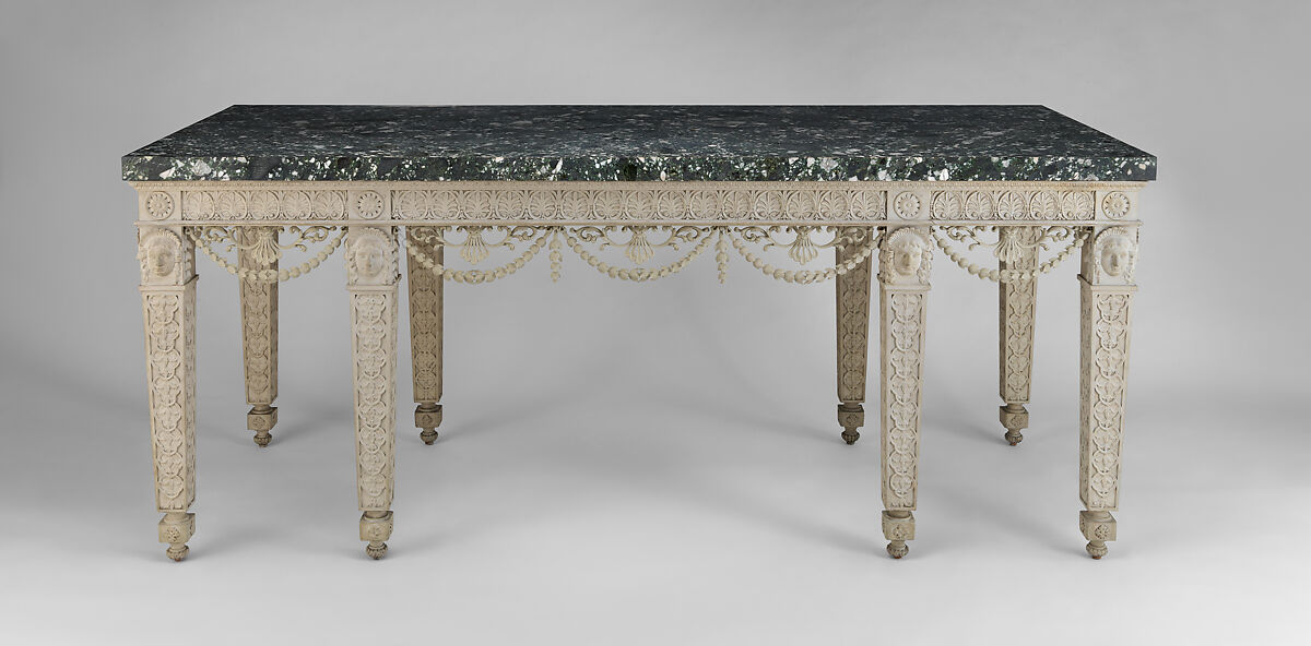 Console table from Croome Court, Worcestershire, Robert Adam (British, Kirkcaldy, Scotland 1728–1792 London), Carved and painted pine with newly carved swags; marble sheets veneered on a limestone core, British