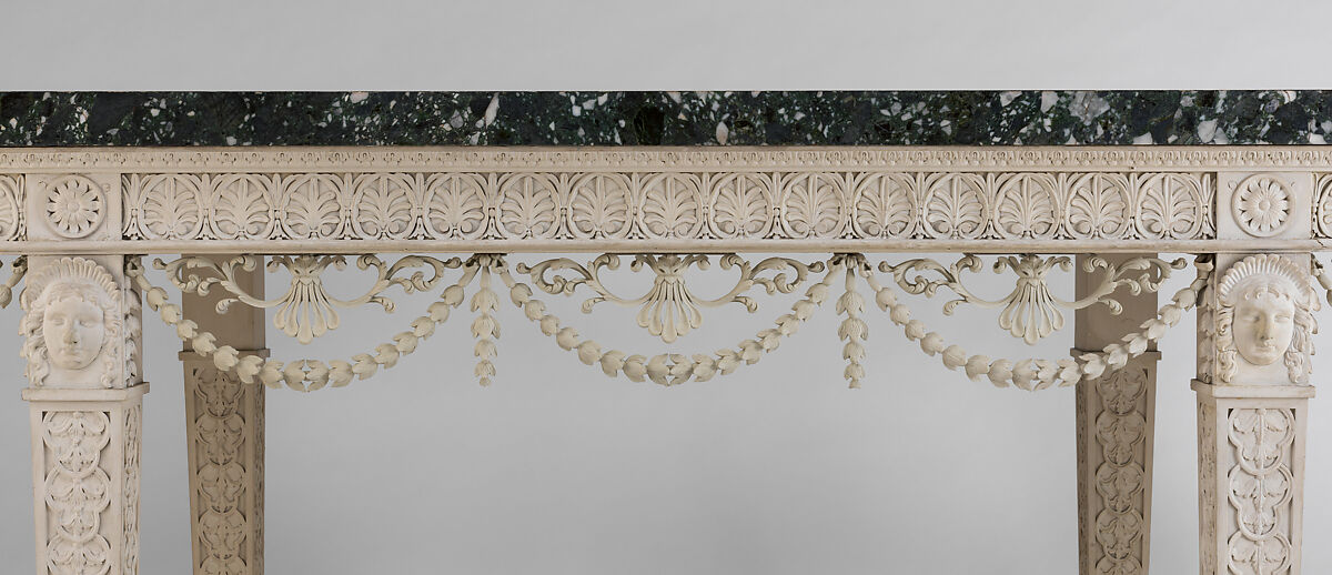Console table from Croome Court, Worcestershire, Robert Adam (British, Kirkcaldy, Scotland 1728–1792 London), Carved and painted pine with newly carved swags; marble sheets veneered on a limestone core, British