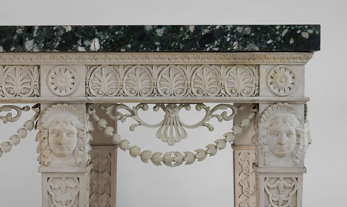 Console table from Croome Court, Worcestershire, Robert Adam (British, Kirkcaldy, Scotland 1728–1792 London), Carved and painted pine with newly carved swags; marble sheets veneered on a limestone core, British