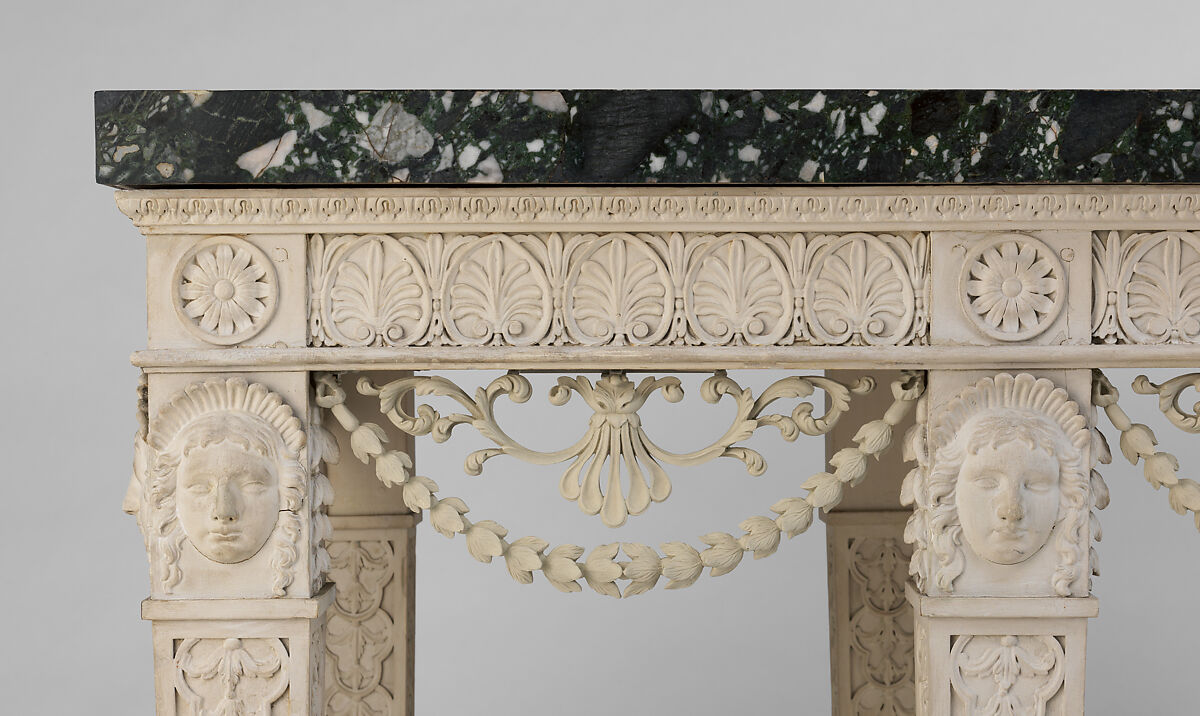Console table from Croome Court, Worcestershire, Robert Adam (British, Kirkcaldy, Scotland 1728–1792 London), Carved and painted pine with newly carved swags; marble sheets veneered on a limestone core, British