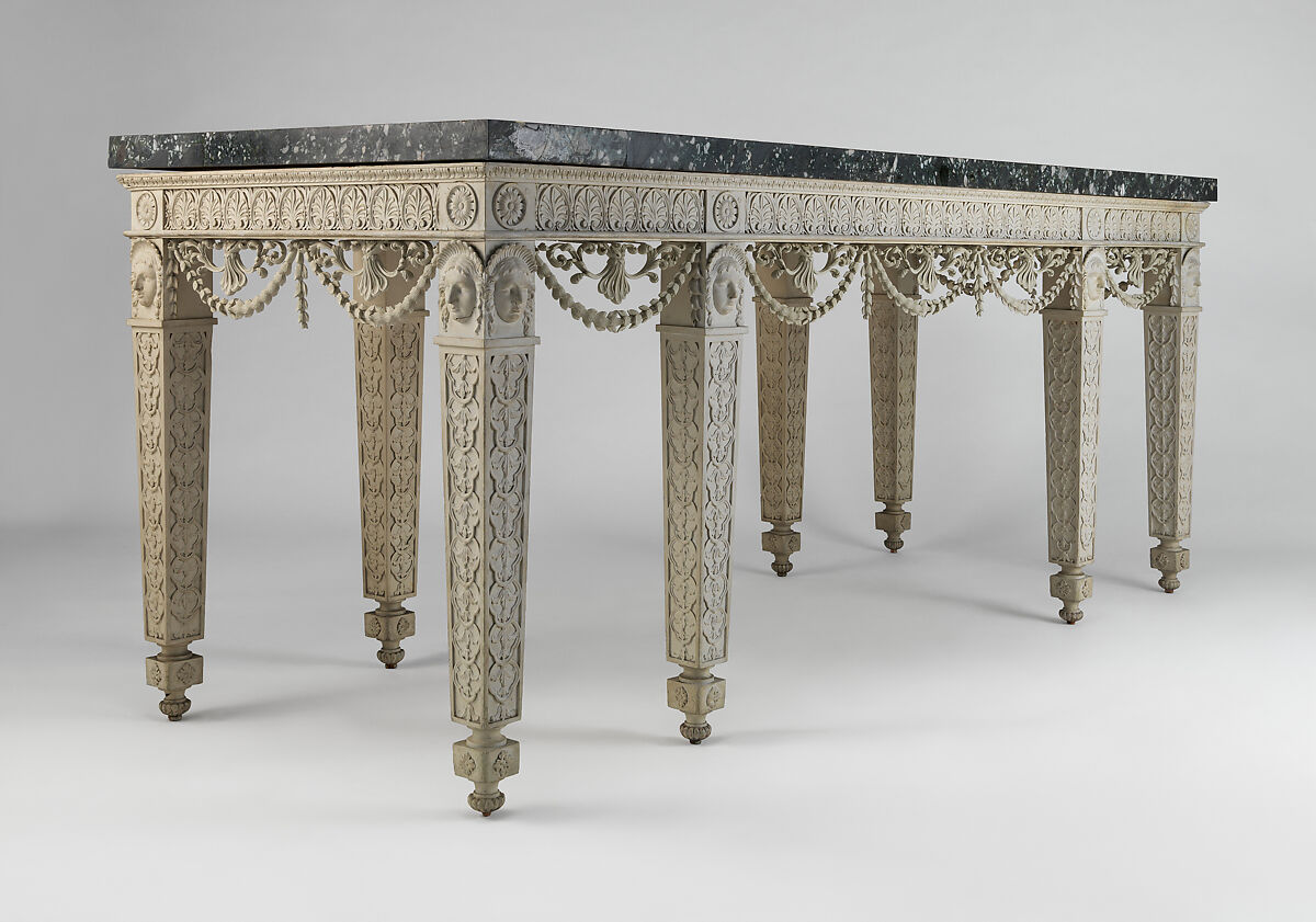 Console table from Croome Court, Worcestershire, Robert Adam (British, Kirkcaldy, Scotland 1728–1792 London), Carved and painted pine with newly carved swags; marble sheets veneered on a limestone core, British