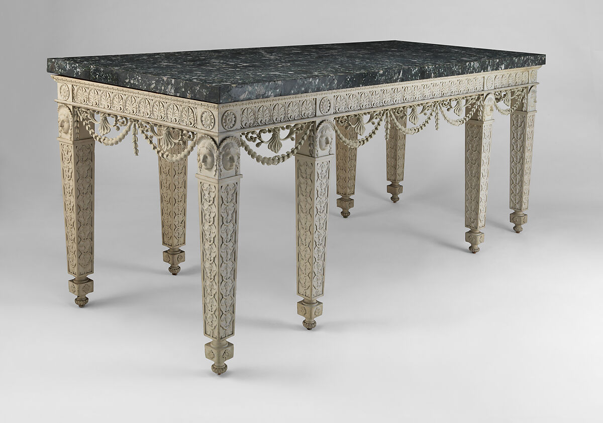 Console table from Croome Court, Worcestershire, Robert Adam  British, Scottish, Carved and painted pine with newly carved swags; marble sheets veneered on a limestone core, British