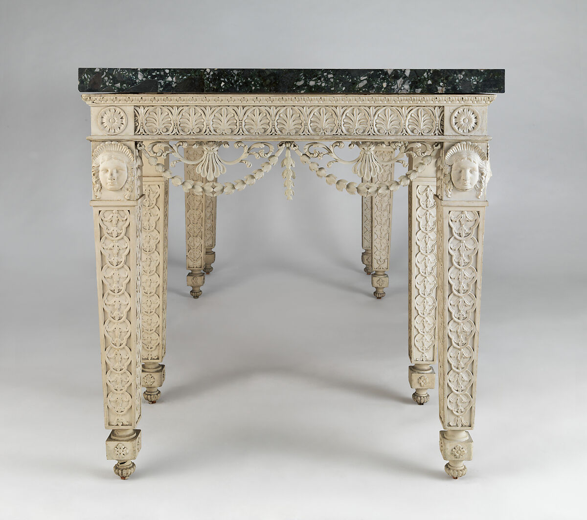 Console table from Croome Court, Worcestershire, Robert Adam (British, Kirkcaldy, Scotland 1728–1792 London), Carved and painted pine with newly carved swags; marble sheets veneered on a limestone core, British