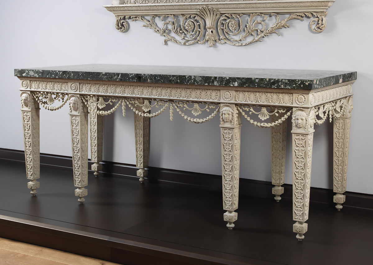 Console table from Croome Court, Worcestershire, Robert Adam (British, Kirkcaldy, Scotland 1728–1792 London), Carved and painted pine with newly carved swags; marble sheets veneered on a limestone core, British