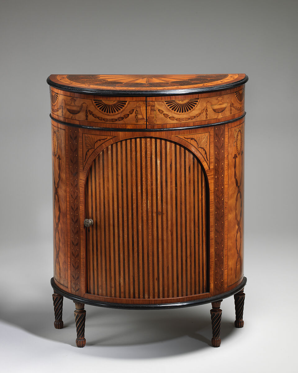 Pair of demi-lune cabinets, Wood: spruce back frame, oak, solid mahogany top and sides, British
