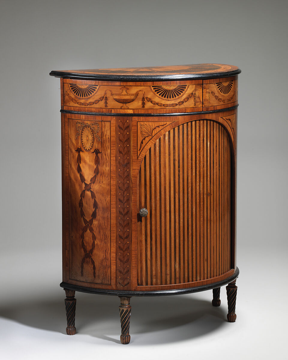 Pair of demi-lune cabinets, Wood: spruce back frame, oak, solid mahogany top and sides, British