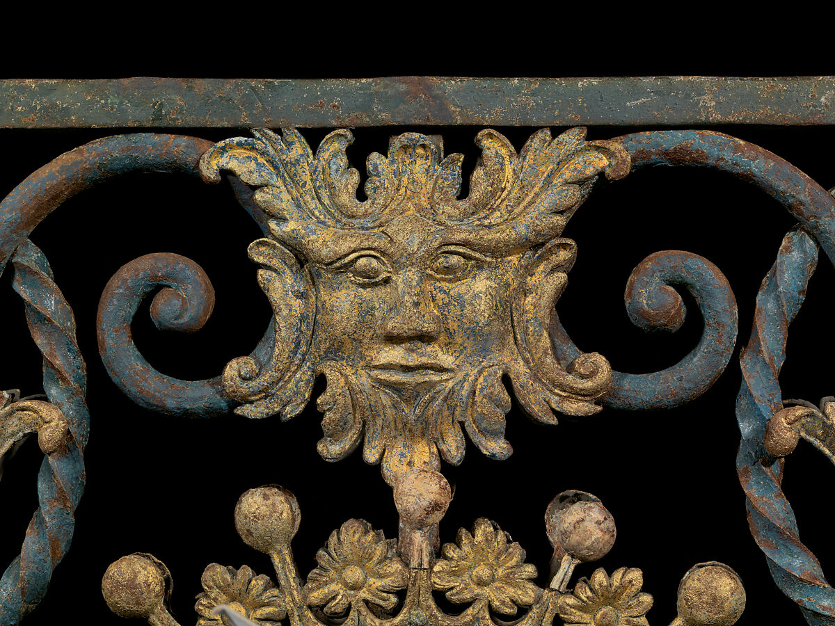 Staircase balustrade from Chesterfield House, London, Wrought iron, Prussian-blue pigment, gilding, British