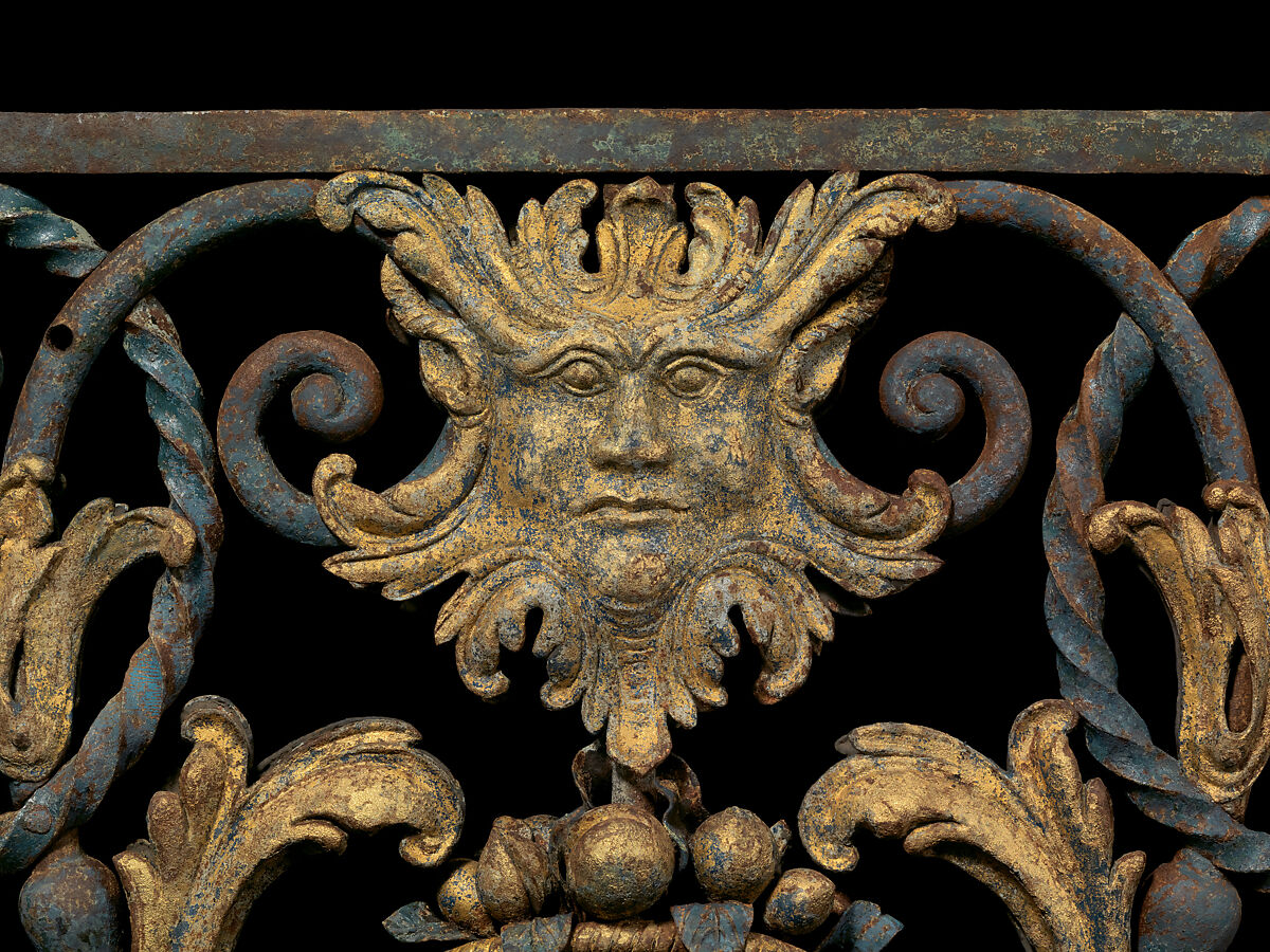 Staircase balustrade from Chesterfield House, London, Wrought iron, Prussian-blue pigment, gilding, British