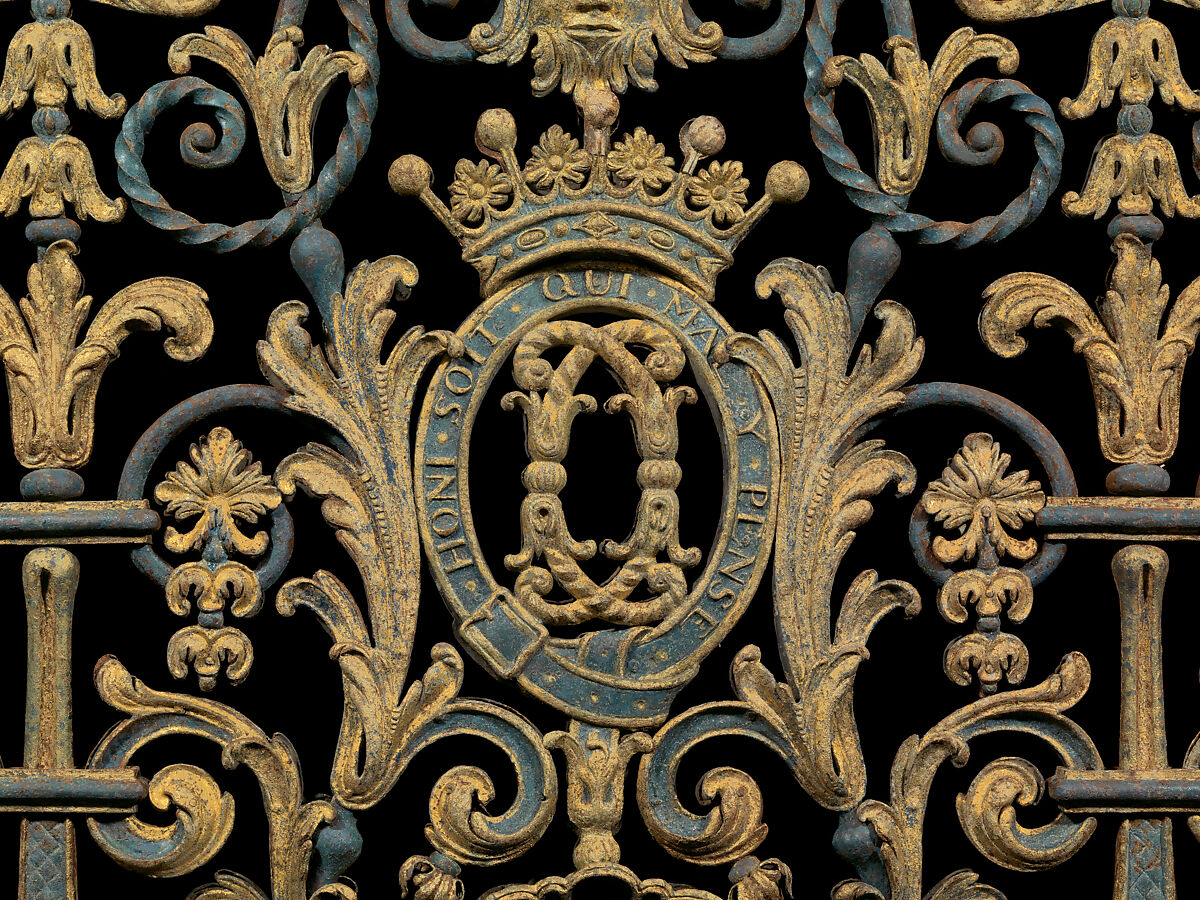 Staircase balustrade from Chesterfield House, London, Wrought iron, Prussian-blue pigment, gilding, British
