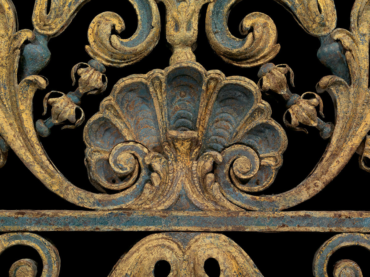 Staircase balustrade from Chesterfield House, London, Wrought iron, Prussian-blue pigment, gilding, British