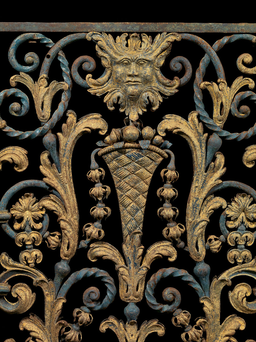 Staircase balustrade from Chesterfield House, London, Wrought iron, Prussian-blue pigment, gilding, British