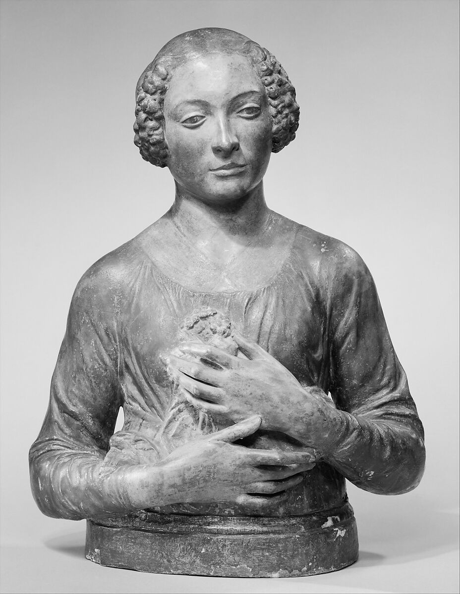 Lady holding a bunch of flowers to her breast, After a composition by Andrea del Verrocchio (Italian, Florence 1435–1488 Venice), Plaster and stucco, polychromed and gilt, Italian, Florence