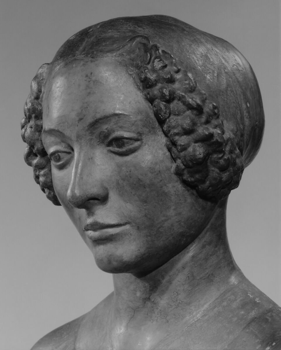 Lady holding a bunch of flowers to her breast, After a composition by Andrea del Verrocchio (Italian, Florence 1435–1488 Venice), Plaster and stucco, polychromed and gilt, Italian, Florence