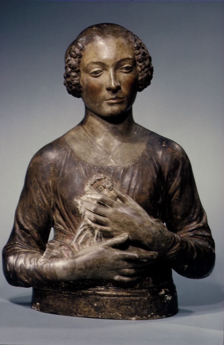 Lady holding a bunch of flowers to her breast, After a composition by Andrea del Verrocchio (Italian, Florence 1435–1488 Venice), Plaster and stucco, polychromed and gilt, Italian, Florence 