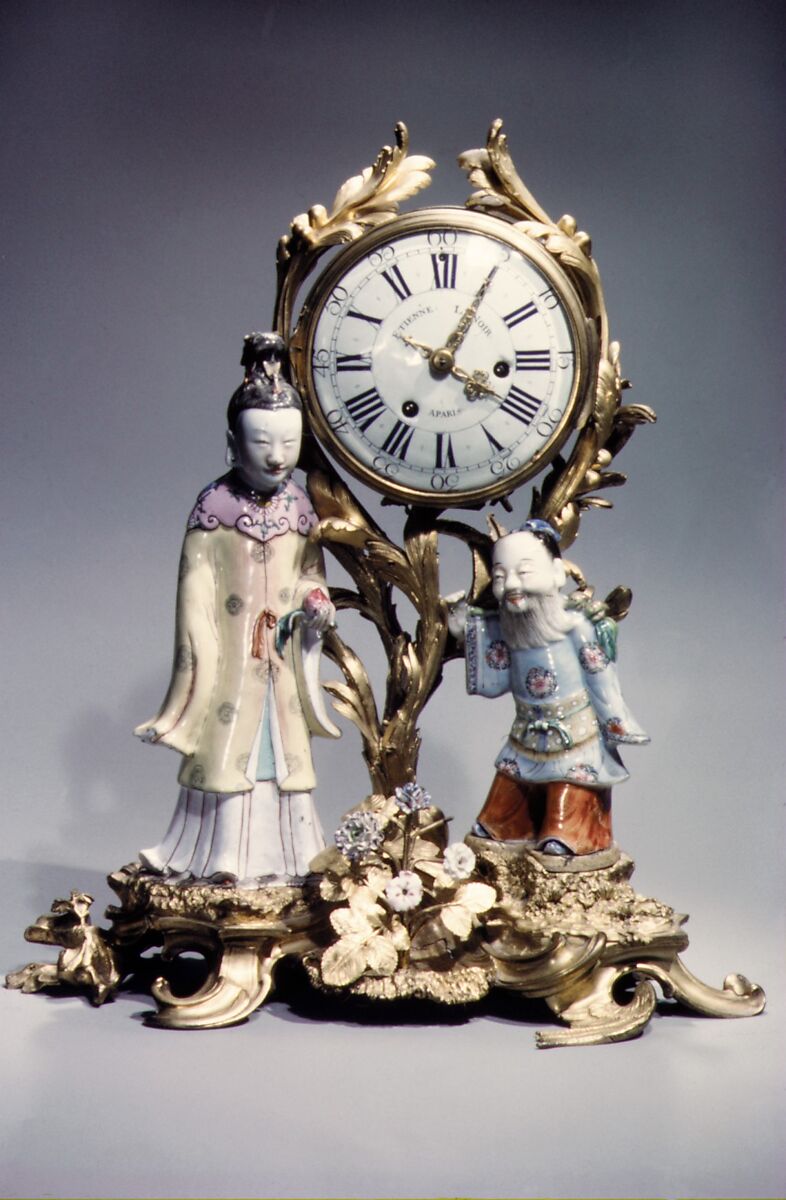 Mantel clock, Clockmaker: Etienne I Le Noir (French, 1675–1739), Gilt bronze, porcelain, French, Paris 