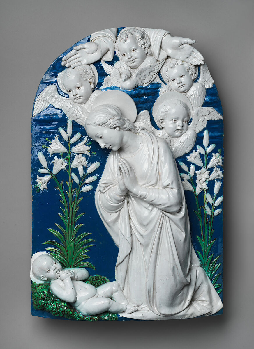 Virgin Adoring the Christ Child, Workshop of Andrea della Robbia (Italian, 1435–1525), Glazed terracotta, Italian, Florence 