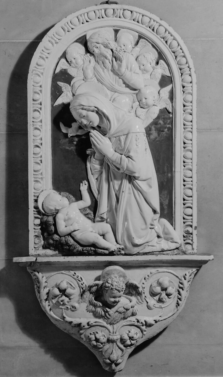 Virgin Adoring the Christ Child, Workshop of Andrea della Robbia (Italian, 1435–1525), Glazed terracotta, Italian, Florence