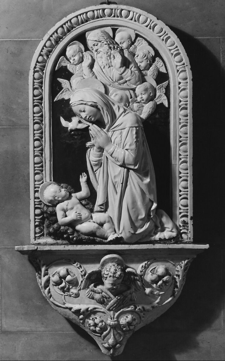 Virgin Adoring the Christ Child, Workshop of Andrea della Robbia (Italian, 1435–1525), Glazed terracotta, Italian, Florence