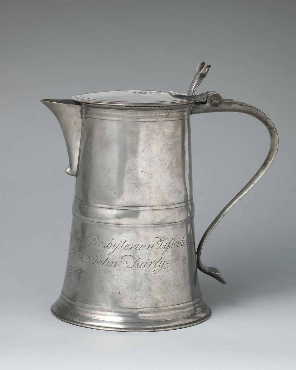 Flagon, Stephen Maxwell (Scottish, active Glasgow, 1781–84), Pewter, Scottish, Glasgow 