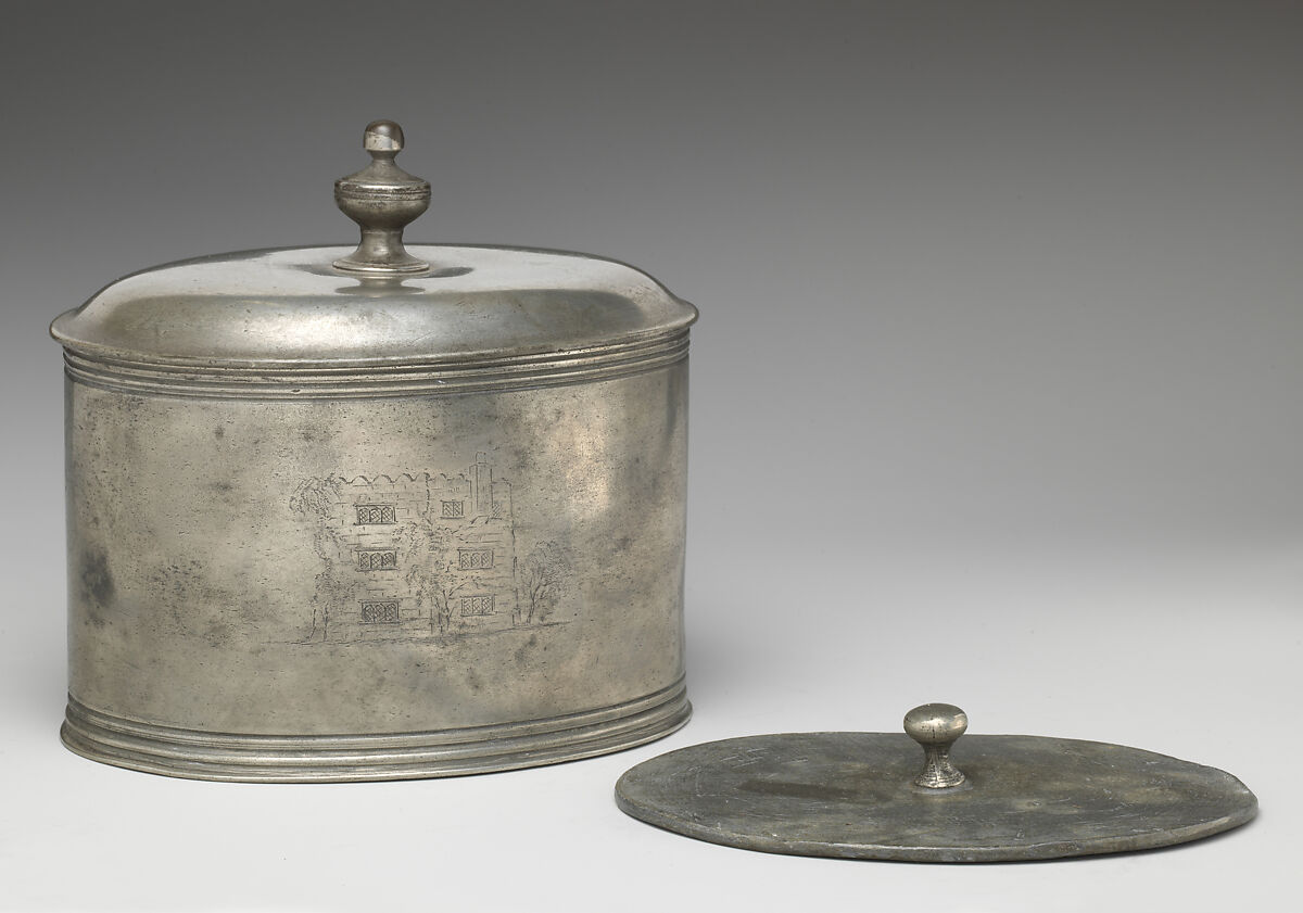 Tobacco box with crest of Eyre family, Pewter, British 