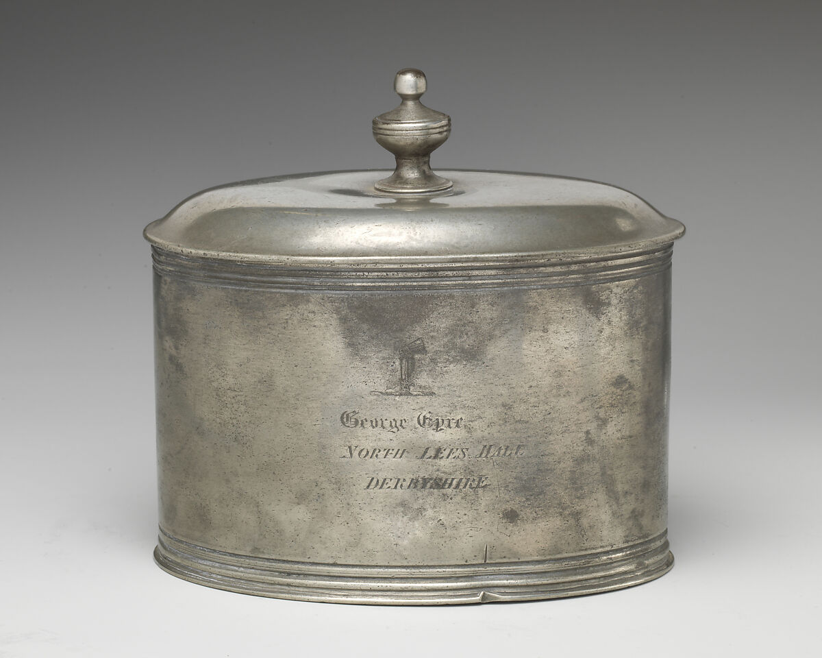 Tobacco box with crest of Eyre family, Pewter, British