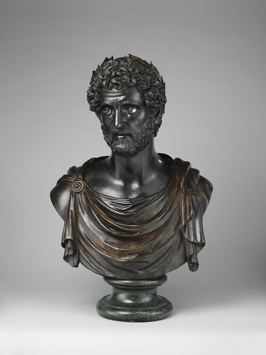 Emperor Antoninus Pius, Antico (Pier Jacopo Alari Bonacolsi) (Italian, Mantua ca. 1460–1528 Gazzuolo), Bronze, partially oil-gilt, silver inlay, on serpentinite socle, Italian, Mantua