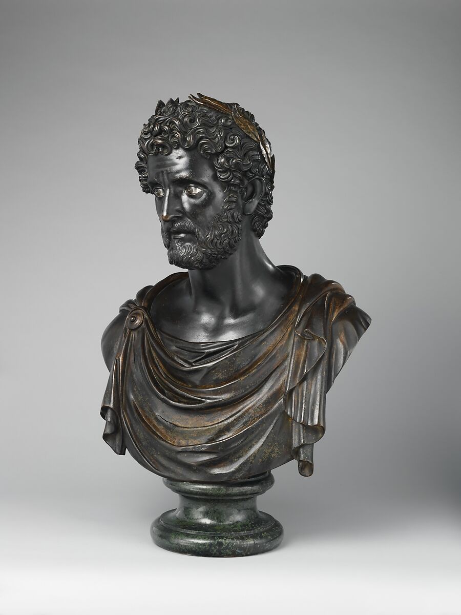 Emperor Antoninus Pius, Antico (Pier Jacopo Alari Bonacolsi) (Italian, Mantua ca. 1460–1528 Gazzuolo), Bronze, partially oil-gilt, silver inlay, on serpentinite socle, Italian, Mantua