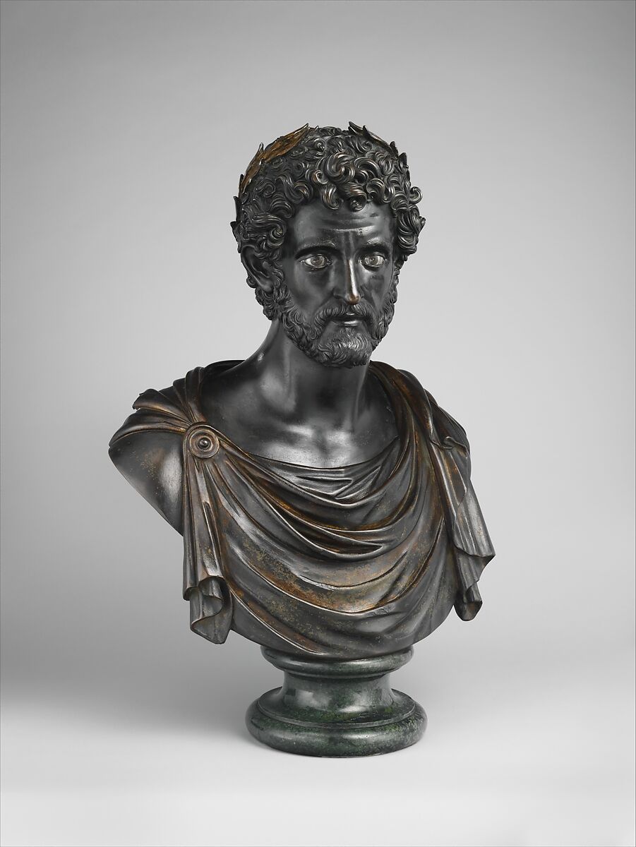 Emperor Antoninus Pius, Antico (Pier Jacopo Alari Bonacolsi) (Italian, Mantua ca. 1460–1528 Gazzuolo), Bronze, partially oil-gilt, silver inlay, on serpentinite socle, Italian, Mantua 
