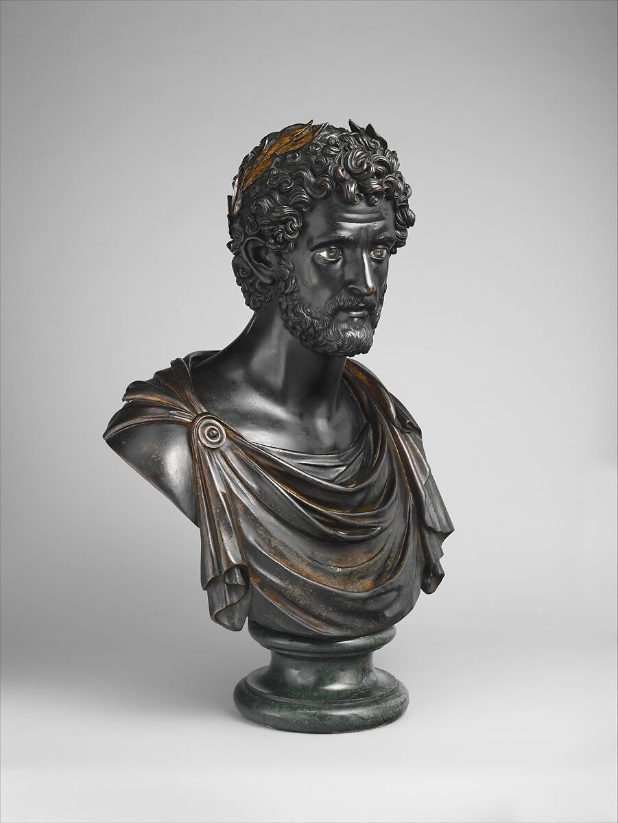 Emperor Antoninus Pius, Antico (Pier Jacopo Alari Bonacolsi) (Italian, Mantua ca. 1460–1528 Gazzuolo), Bronze, partially oil-gilt, silver inlay, on serpentinite socle, Italian, Mantua