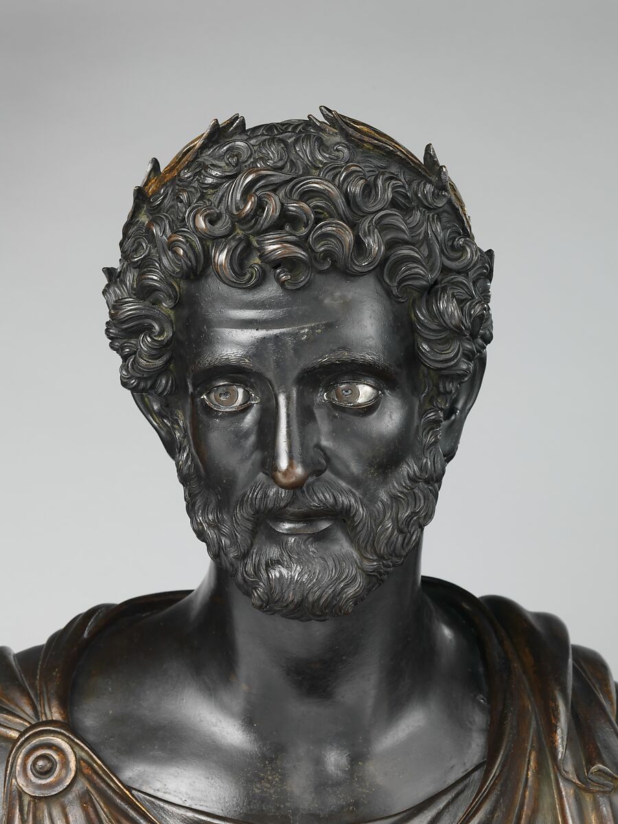 Emperor Antoninus Pius, Antico (Pier Jacopo Alari Bonacolsi) (Italian, Mantua ca. 1460–1528 Gazzuolo), Bronze, partially oil-gilt, silver inlay, on serpentinite socle, Italian, Mantua